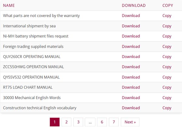 We prepared some popular files for your download, including construction machinery operation manual, maintenance manual, parts list and heavy equipment industries info, commercial files, shipment and English knowledge.